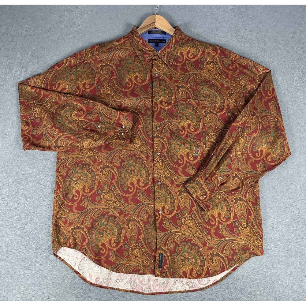 Tommy Hilfiger Shirt XL Red Colorful Floral Abstract Wool Rayon Crest Logo Rave - Picture 2 of 7